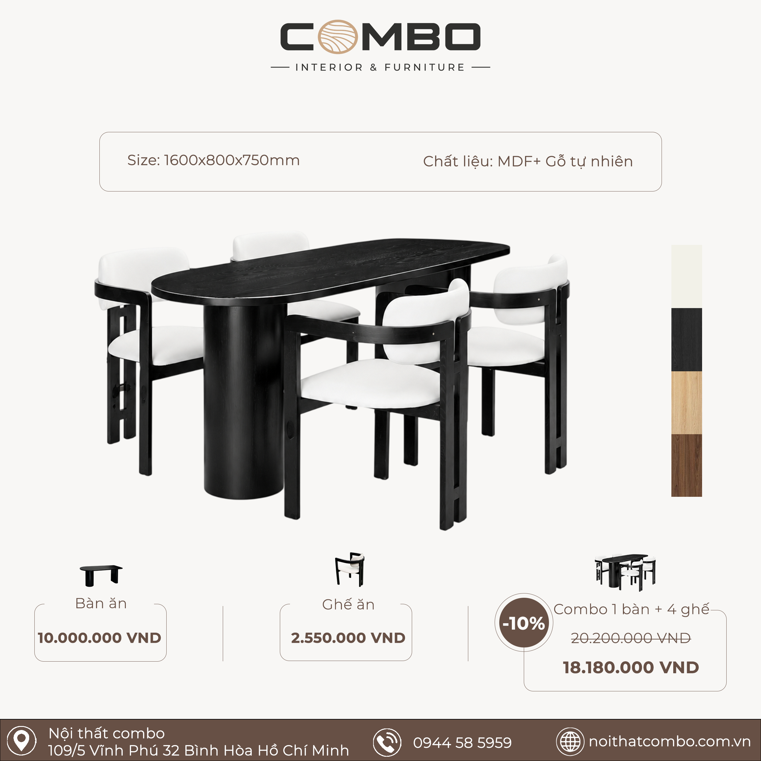 Bộ Bàn Ăn Oval COMBO 1m6 Kèm 4 Ghế