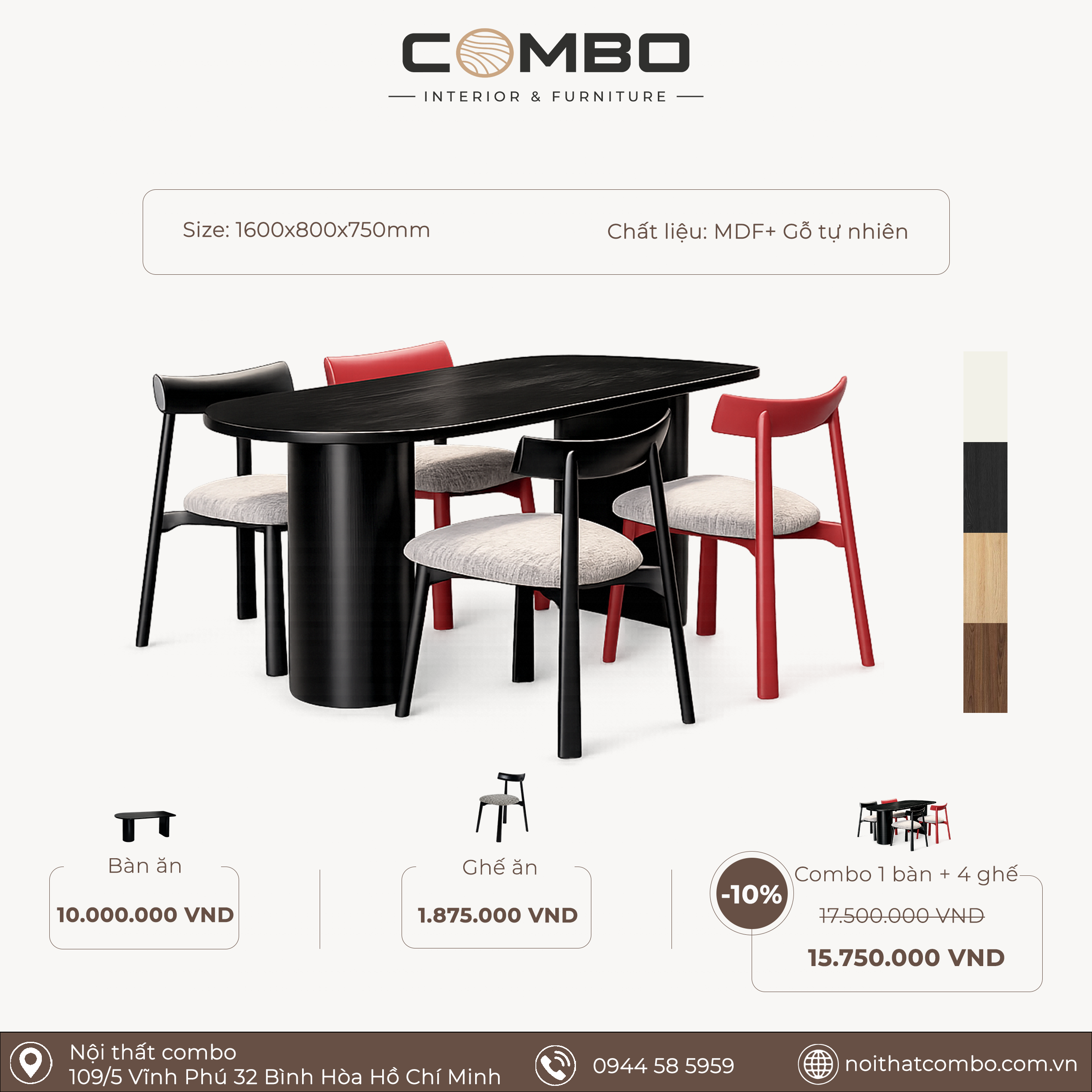 Bộ Bàn Ăn Oval COMBO 1m6 Kèm 4 Ghế Tựa Cong