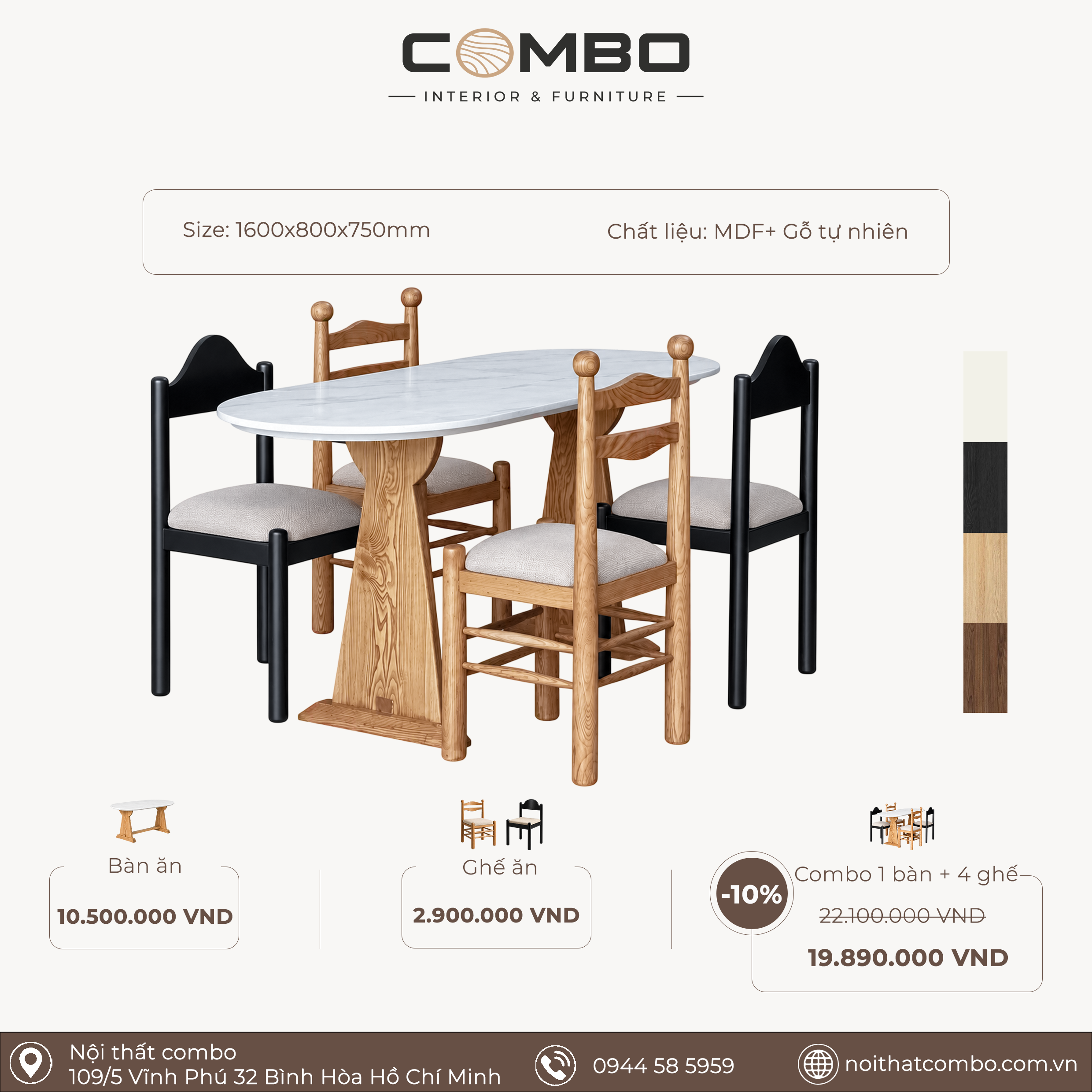 Bộ Bàn Ăn Oval COMBO 1m6 Mặt Vân Đá Kèm 4 Ghế Gỗ