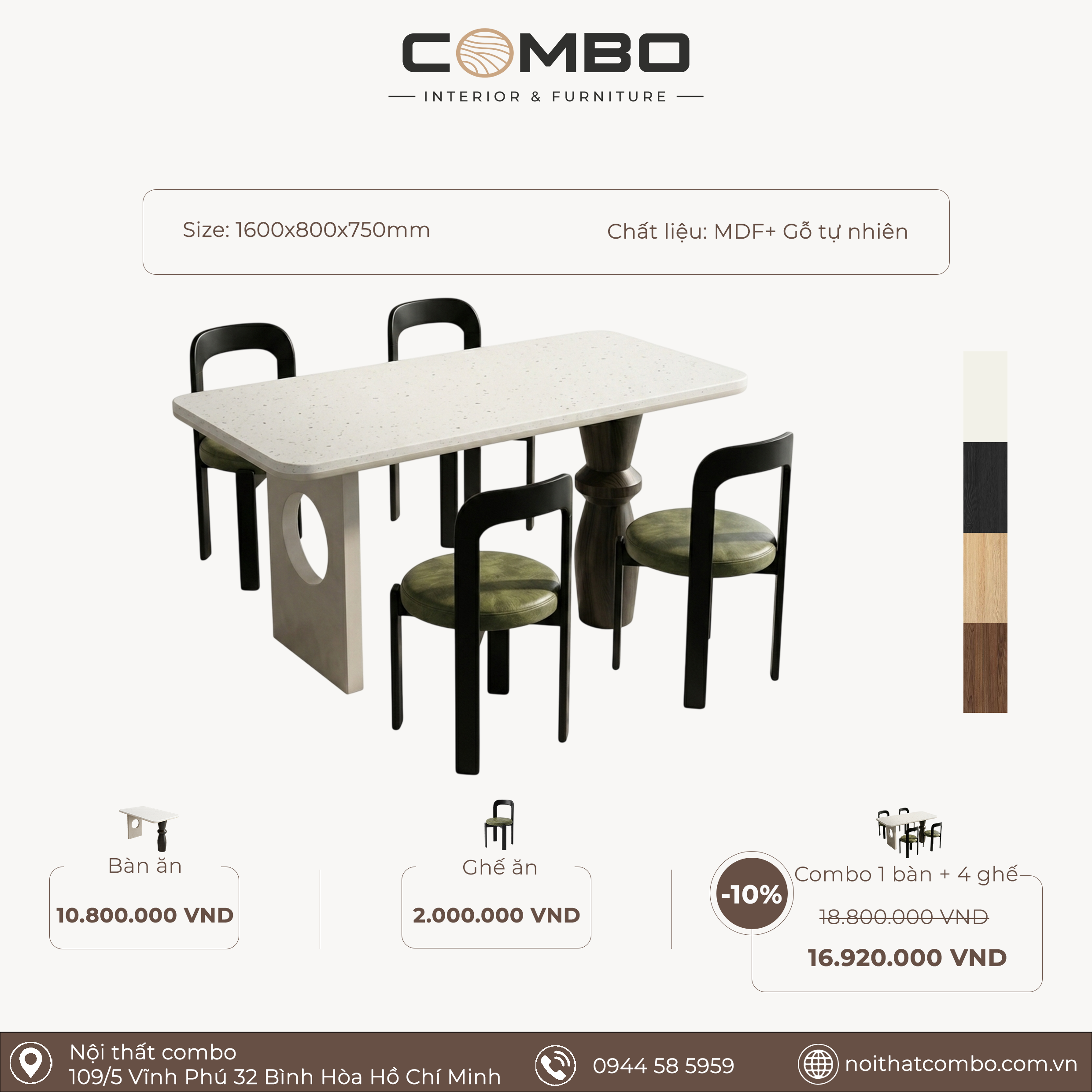 Bộ Bàn Ăn COMBO 1m6 Kèm 4 Ghế Đệm Xanh Rêu