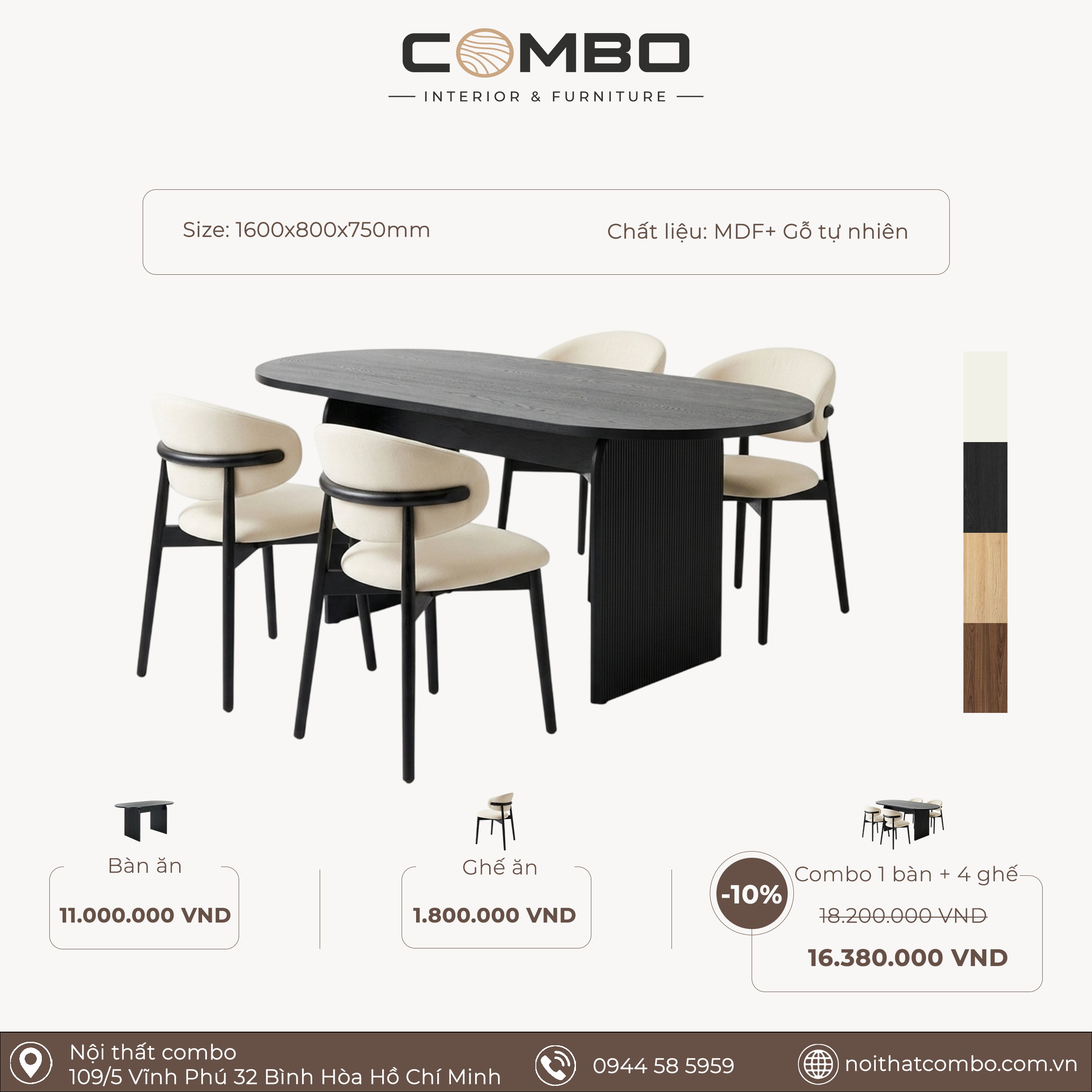 Bộ Bàn Ăn Oval COMBO 1m6 Kèm 4 Ghế Bọc Nệm