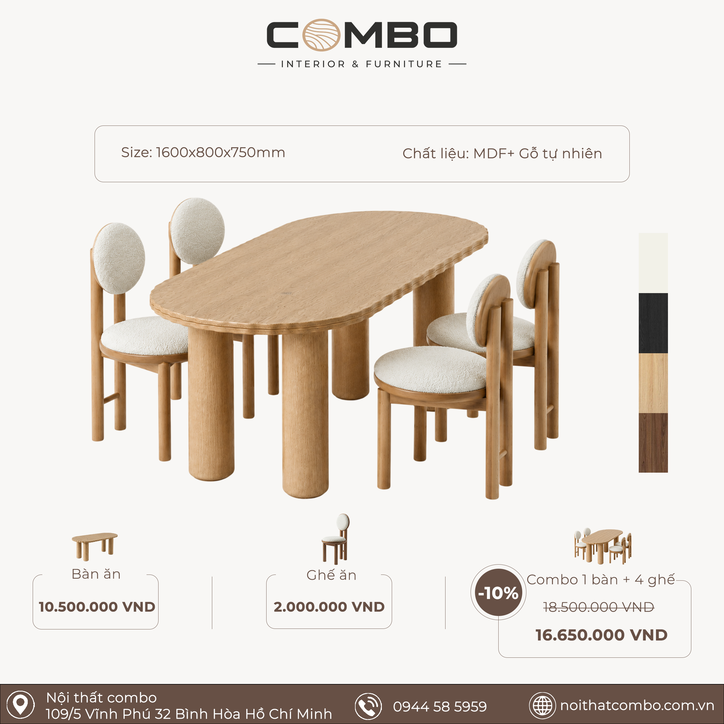 Bộ Bàn Ăn COMBO 1m6 – Organic Japandi