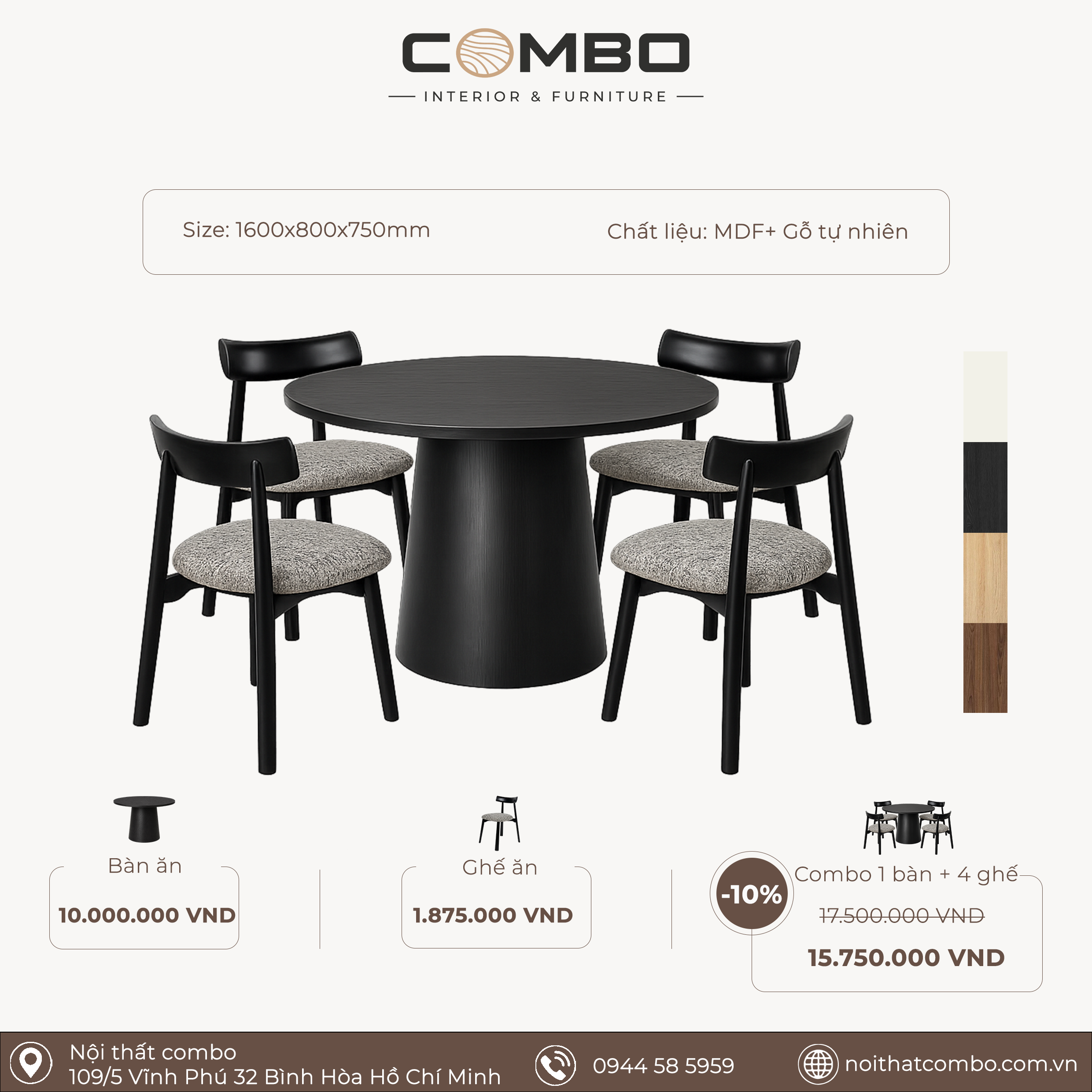 Bộ Bàn Ăn COMBO 1m6 – Chân Trụ Côn