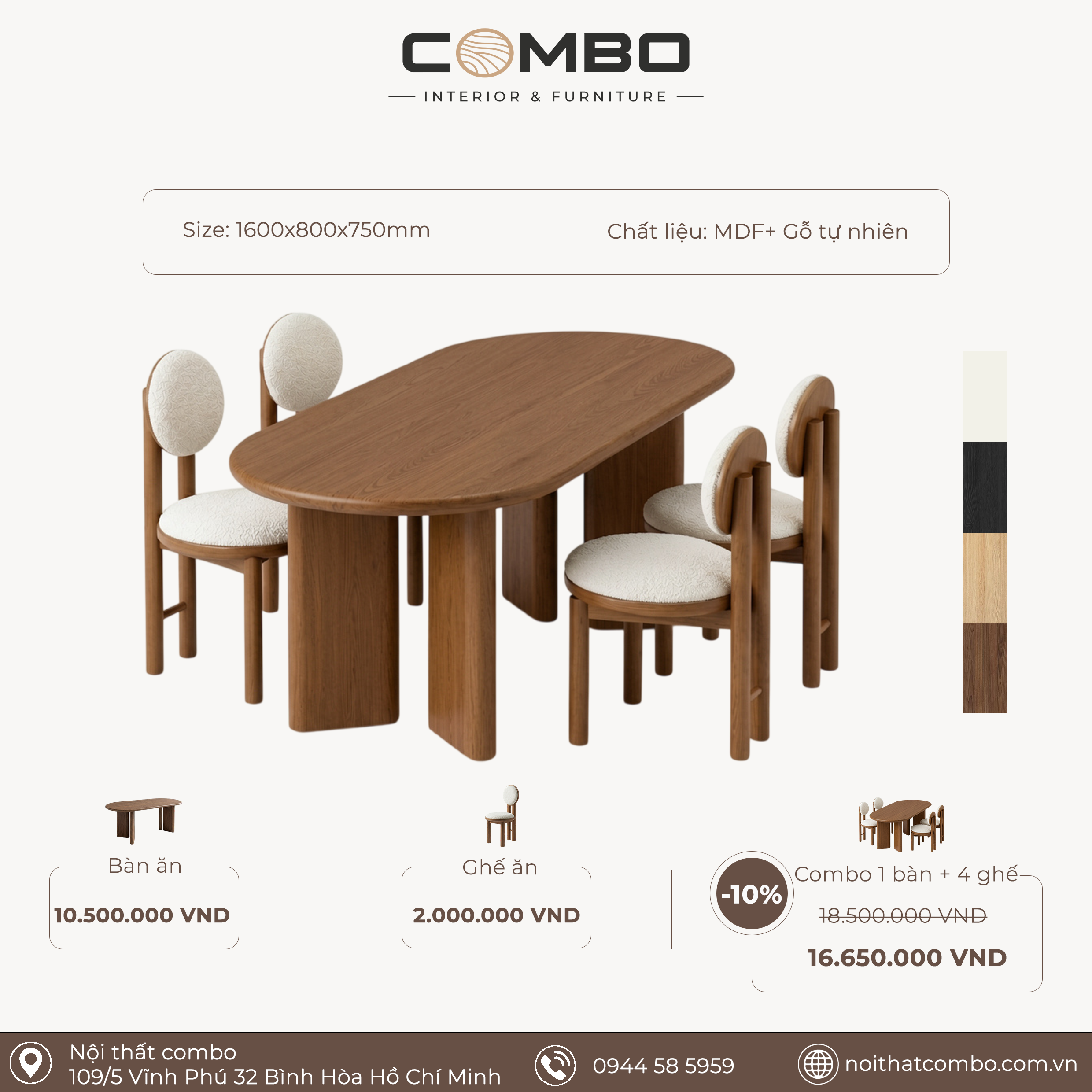 Bộ Bàn Ăn Oval COMBO 1m6 – Chân Gỗ Bo Cong