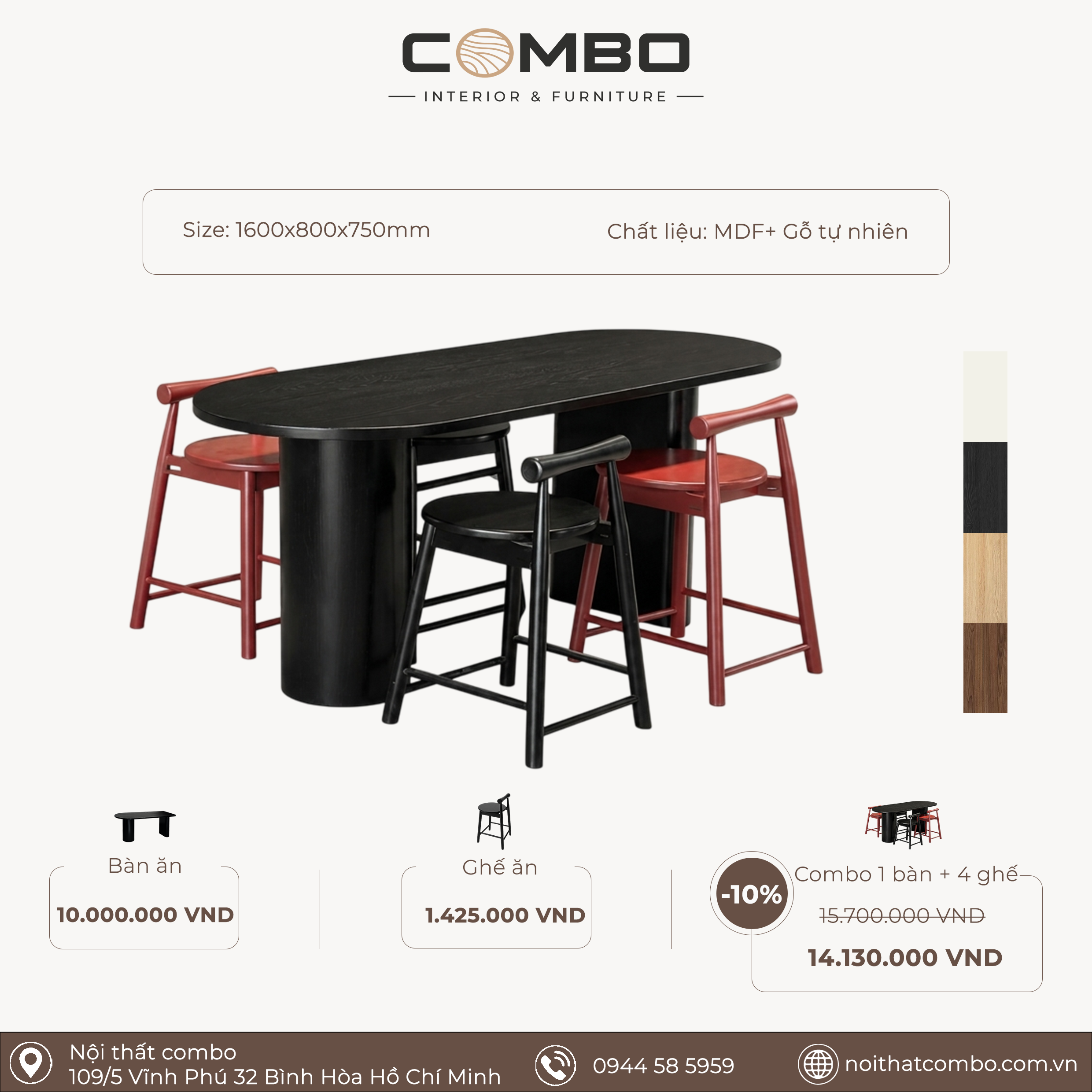Bộ Bàn Ăn Oval COMBO 1m6 – Ghế Tựa Thanh